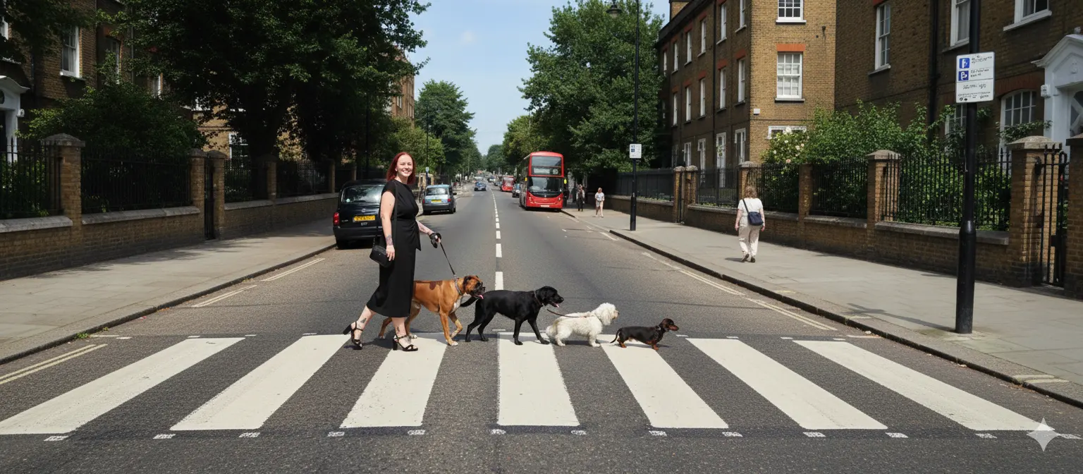 Caroline walking multiple dogs across a zebra crossing in Telford
